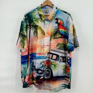 Men’s HARDADDY Short Sleeve Button Down Parrot Dress Shirt XL Hawaiian Car Aloha